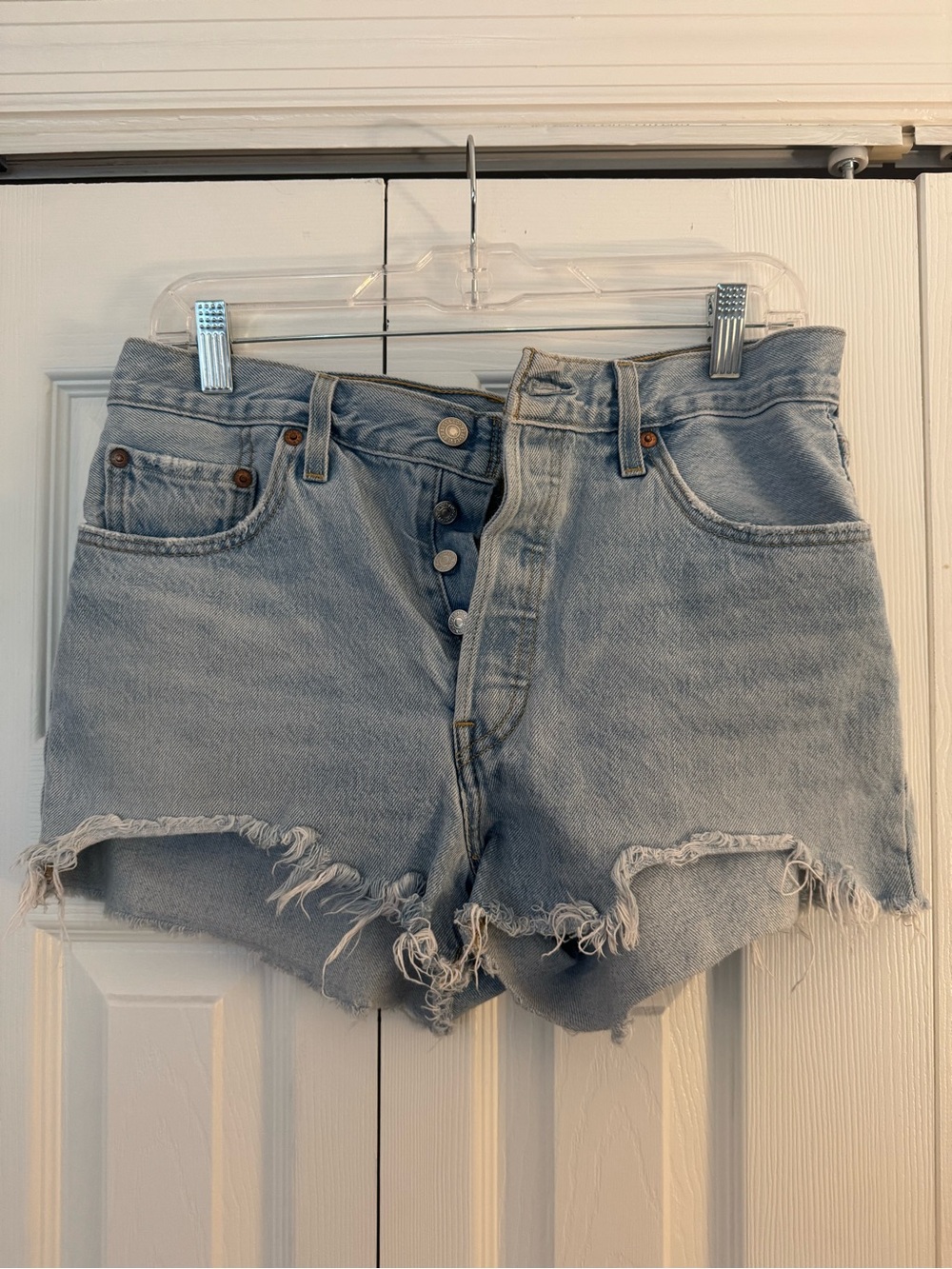 Levi's 501 Light Blue Distressed High-Rise Denim Shorts